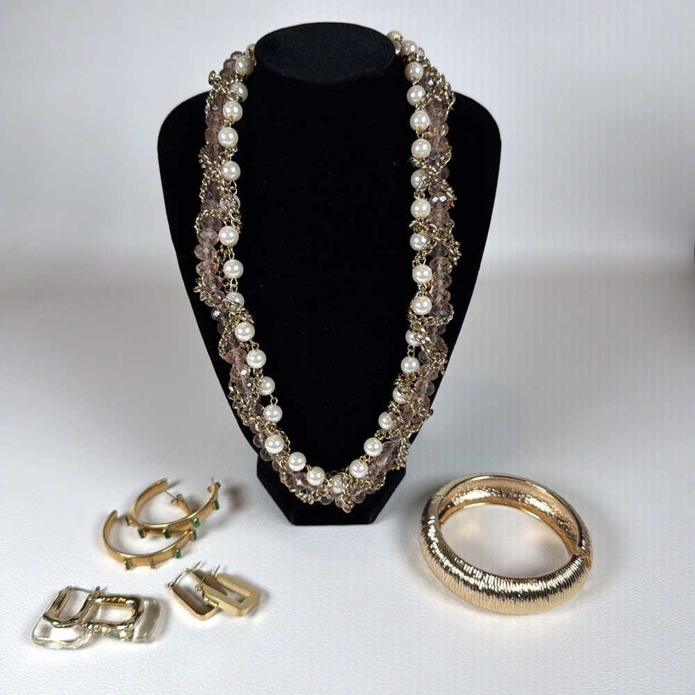 Gold Tone Jewelry Lot Necklace Bracelets Hoop Earrings Faux Pearl Beaded Bundle